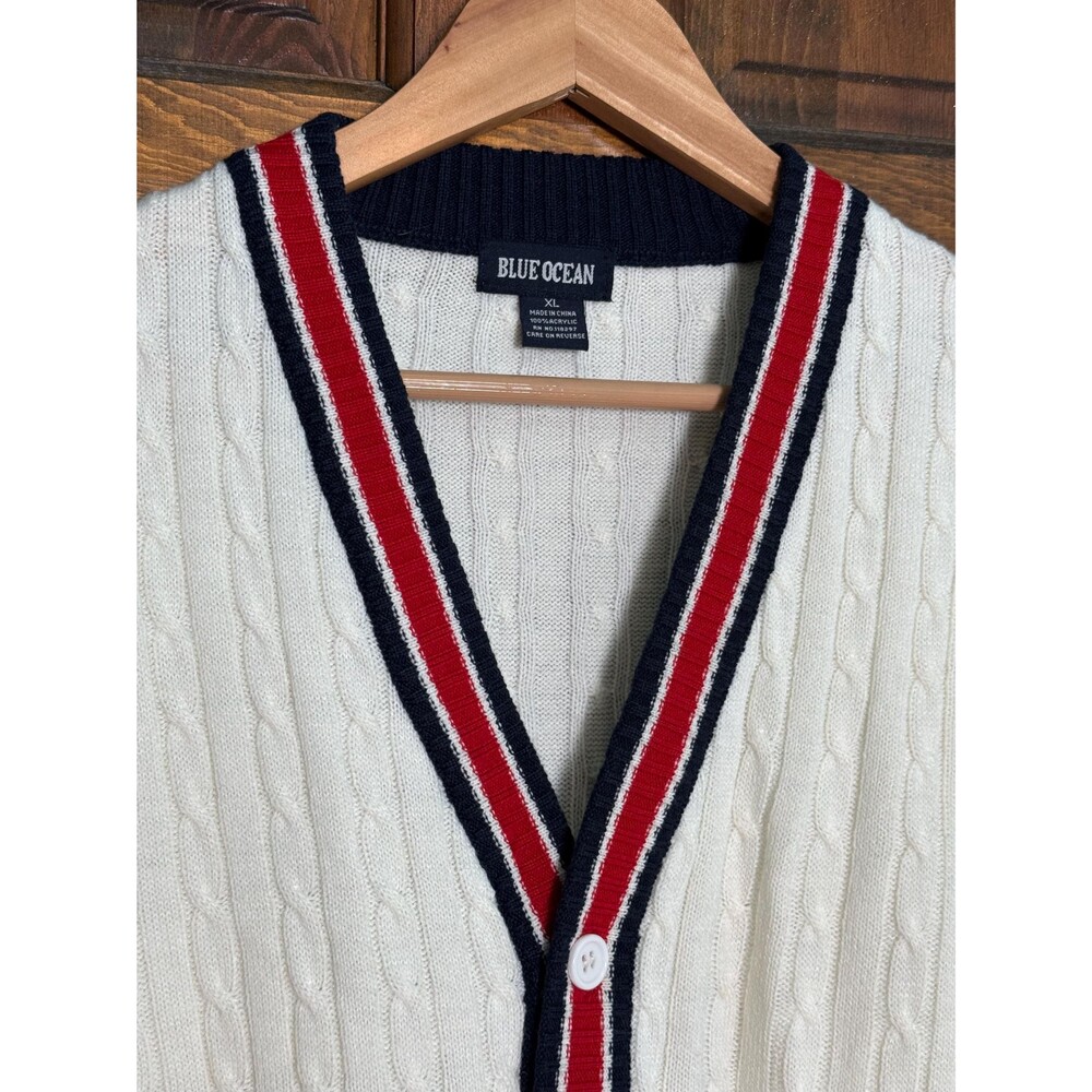 Vintage 90s Ivory Cable Knit Cardigan Sweater XL Preppy Coastal Style XL - Picture 6 of 9